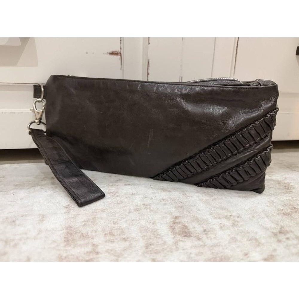 Y2K Cammie Hill NY Black Leather Ruched Wristlet Clutch Purse Pinstripe 11"